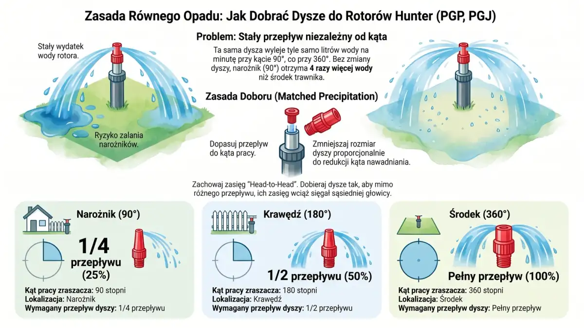 Infografika doboru dysz do rotorów Hunter PGP i PGJ wg kąta pracy - narożnik 90 stopni jedna czwarta przepływu, krawędź 180 stopni połowa, środek 360 stopni pełny przepływ (matched precipitation)