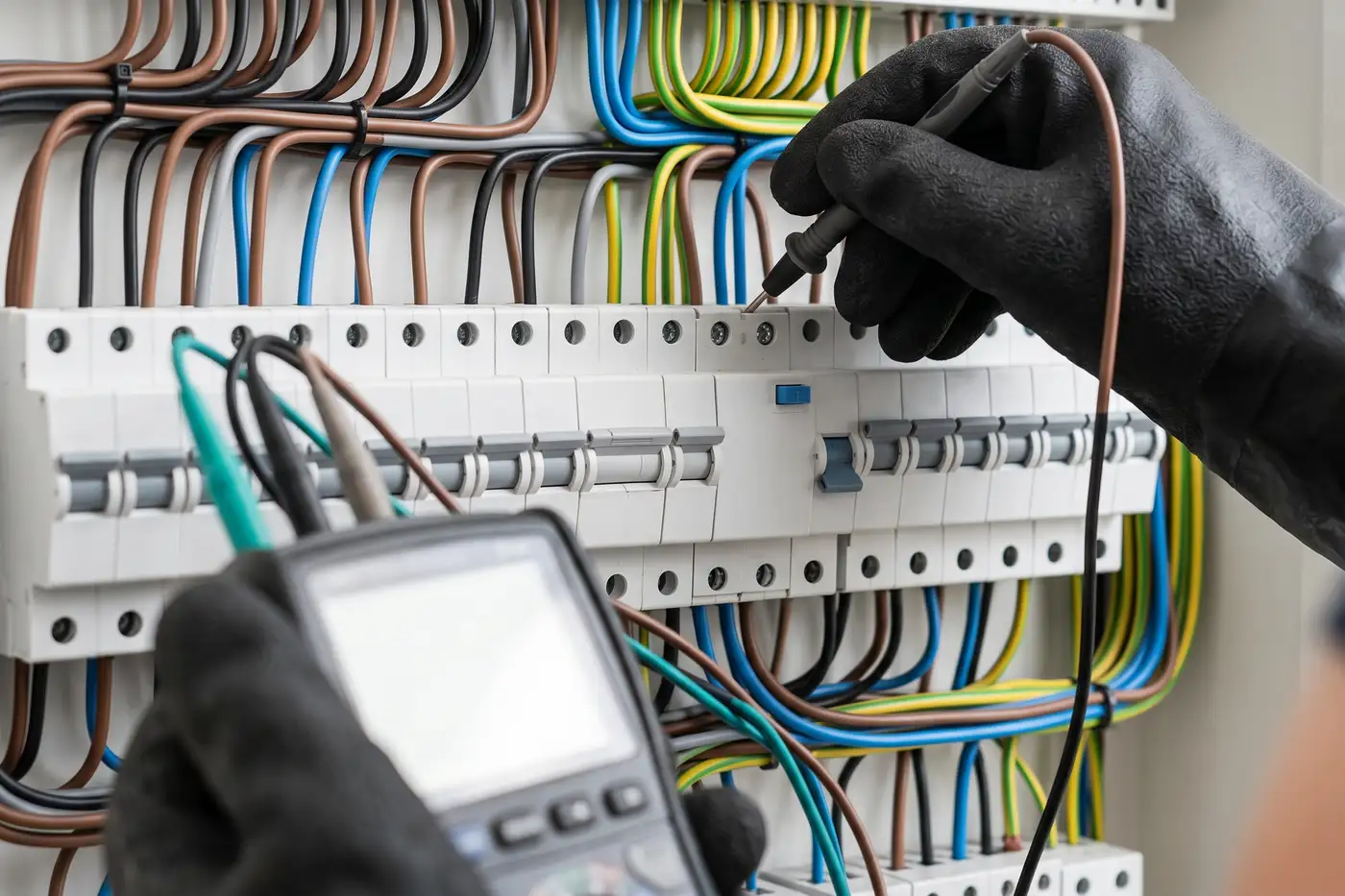 Dłonie elektryka w rękawicach przykładają sondę miernika do zacisku wyłącznika w domowej rozdzielnicy, obok rząd wyłączników i różnicówka