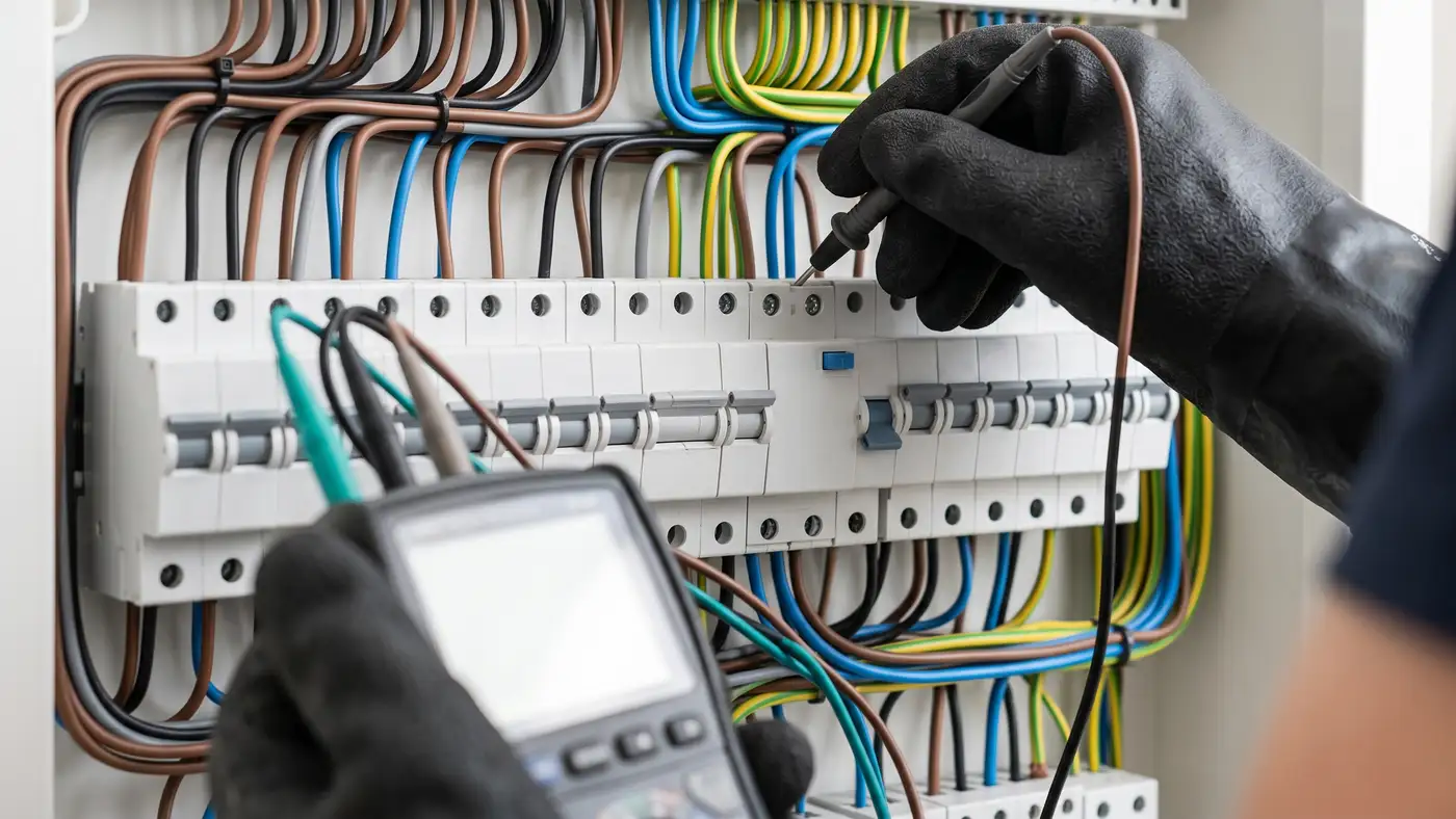 Dłonie elektryka w rękawicach przykładają sondę miernika do zacisku wyłącznika w domowej rozdzielnicy, obok rząd wyłączników i różnicówka