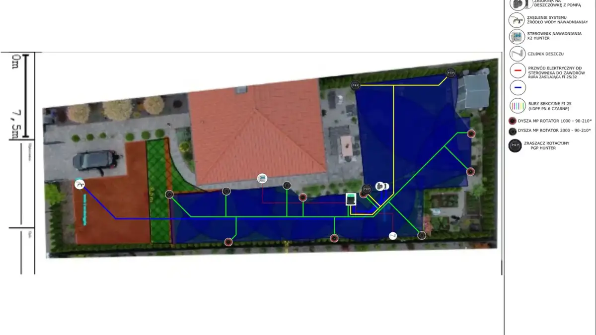 Projekt automatycznego nawadniania ogrodu - plan ze strefami i legendą, Kościno k. Szczecina