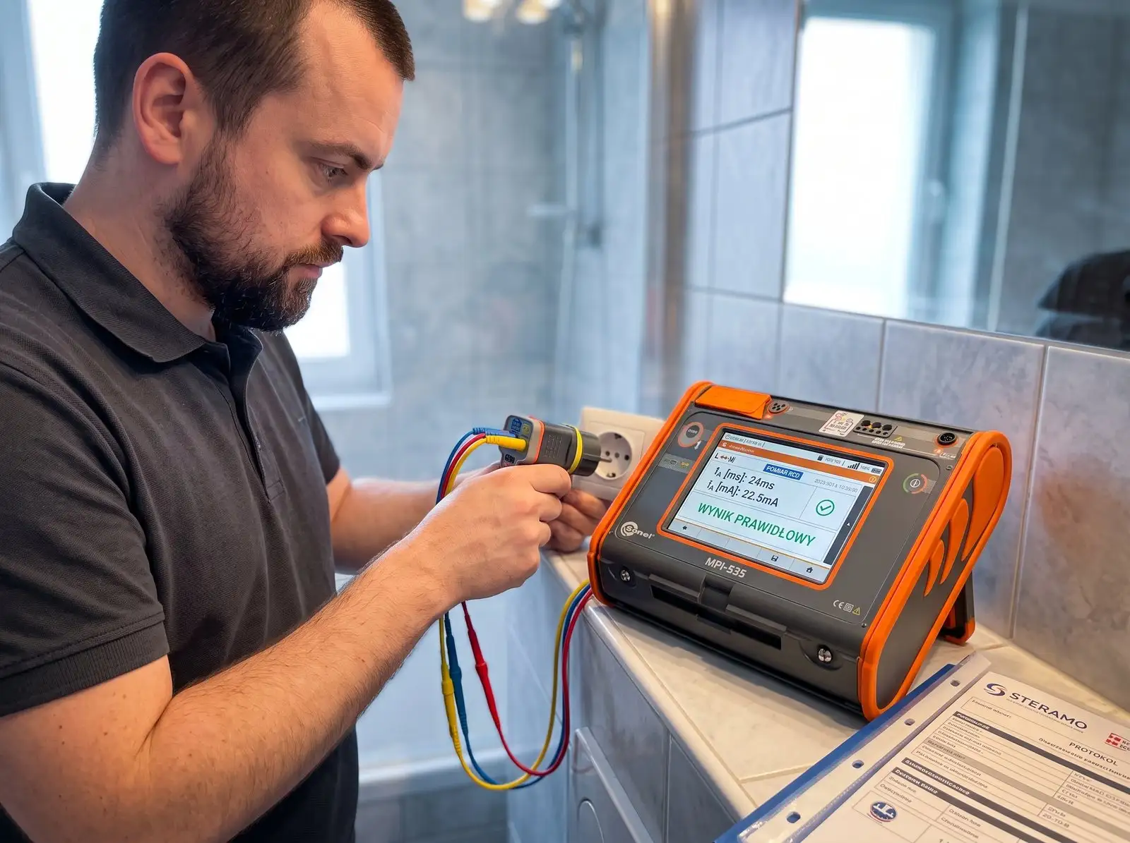 Badanie wyłącznika różnicowoprądowego w łazience miernikiem Sonel MPI-535 - pomiary elektryczne Steramo