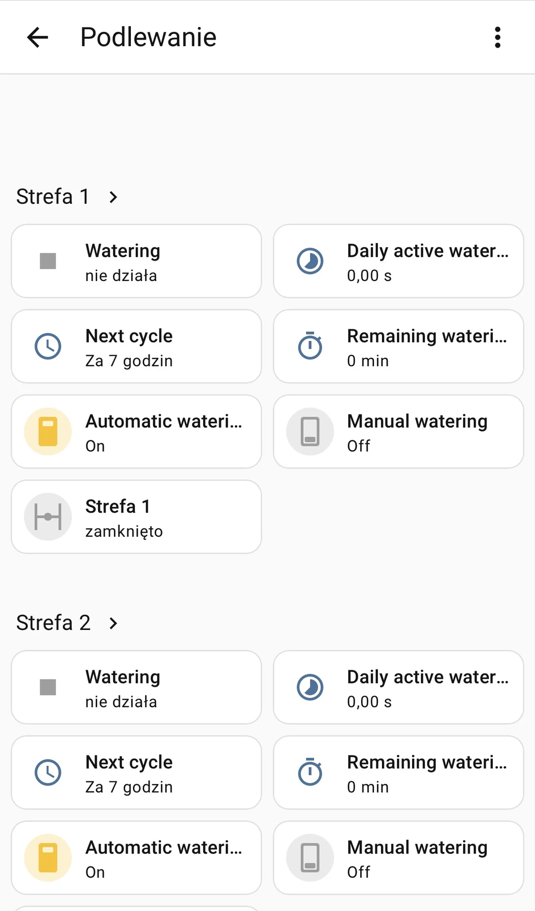 Home Assistant - panel sterowania strefami podlewania w ogrodzie testowym Steramo