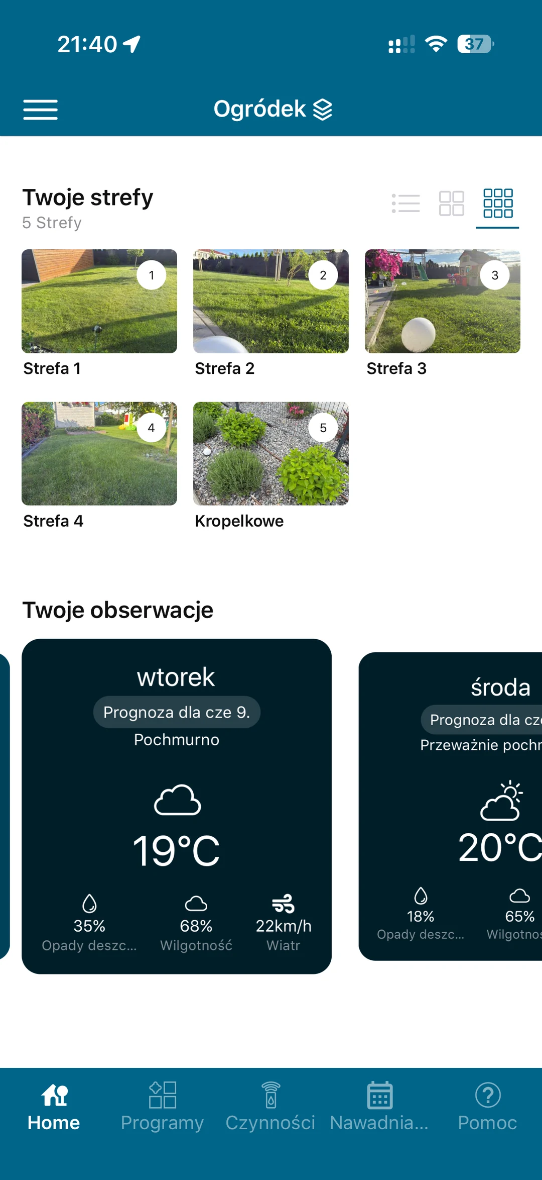 Aplikacja Hunter Hydrawise - dashboard ogrodu z 5 strefami nawadniania i prognozą pogody