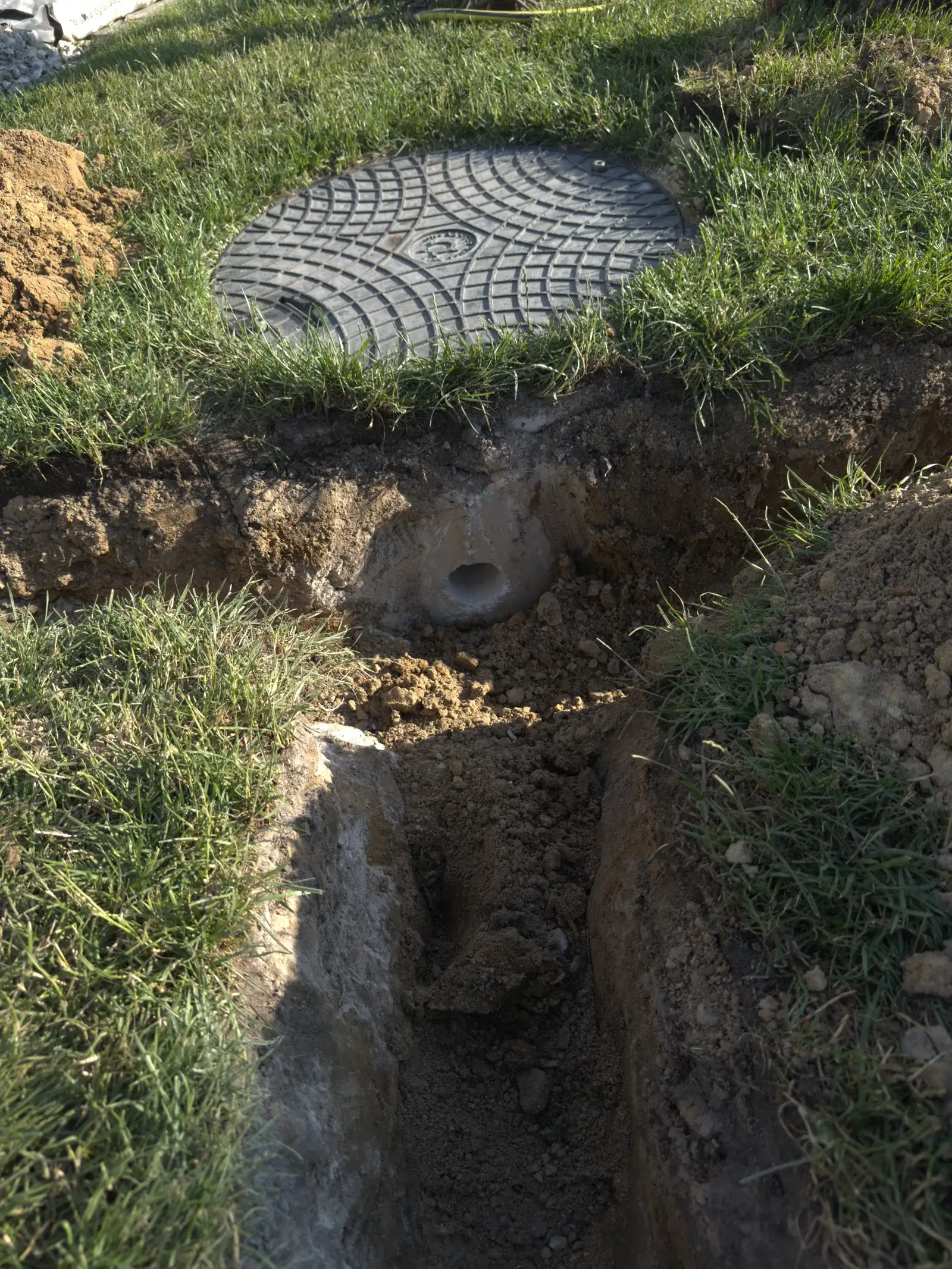 Pokrywa studzienki zaworowej w trawniku i wykop pod rurę sekcji nawadniania, Kościno