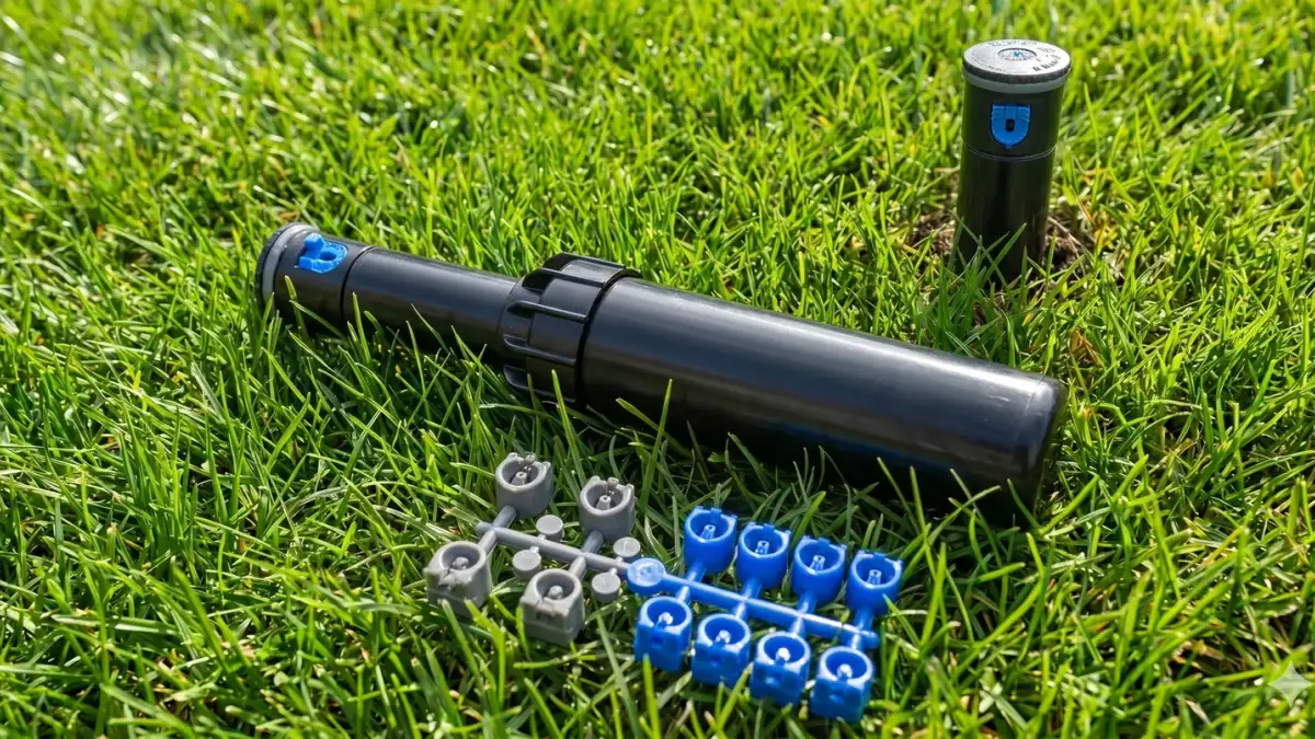 Rotor Hunter z dyszami niebieskimi i szarymi niskokątowymi na trawniku