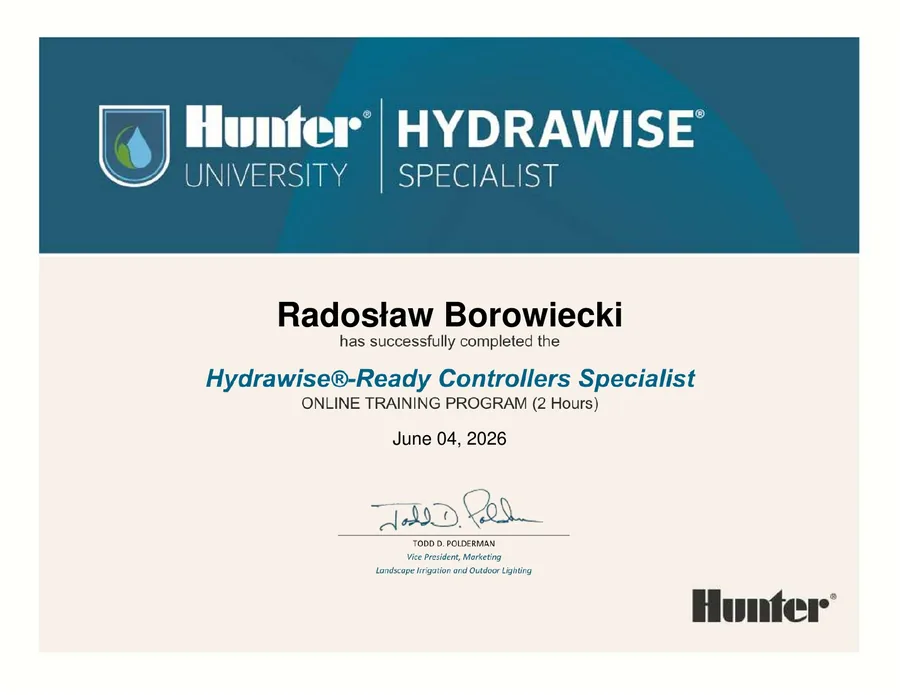 Certyfikat Hunter University - Hydrawise Specialist, Radosław Borowiecki, Steramo