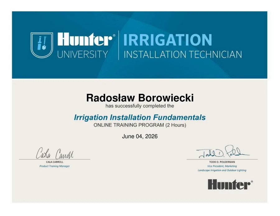 Certyfikat Hunter University - Irrigation Installation Technician, Radosław Borowiecki, Steramo