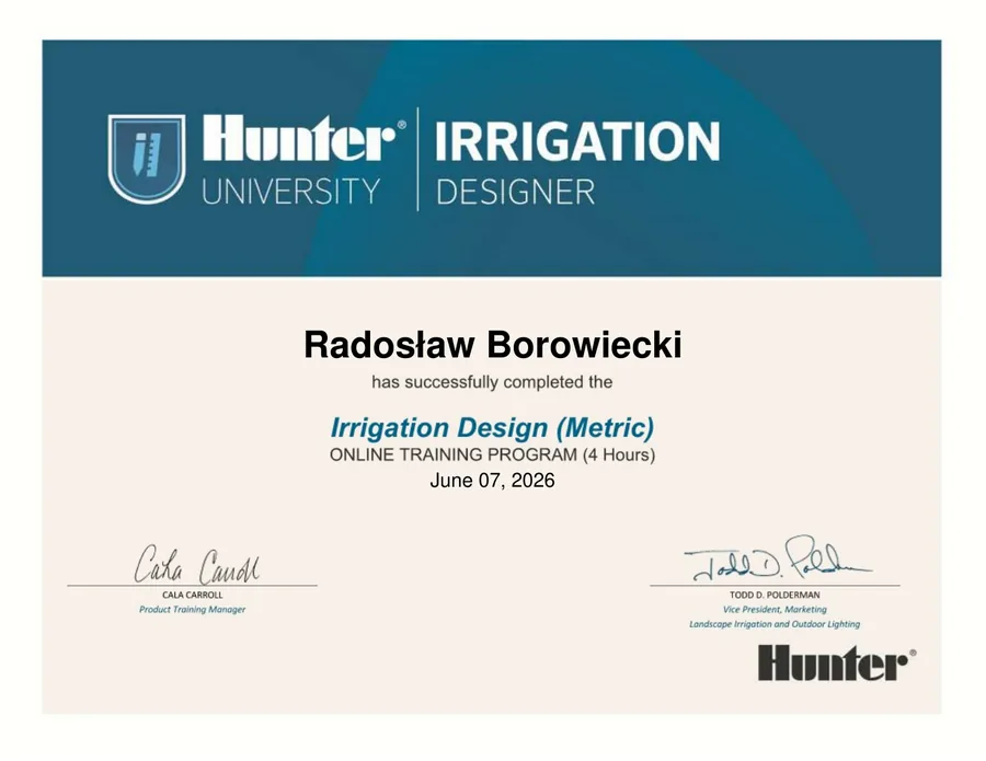 Certyfikat Hunter University - Irrigation Design (Metric), Radosław Borowiecki, Steramo