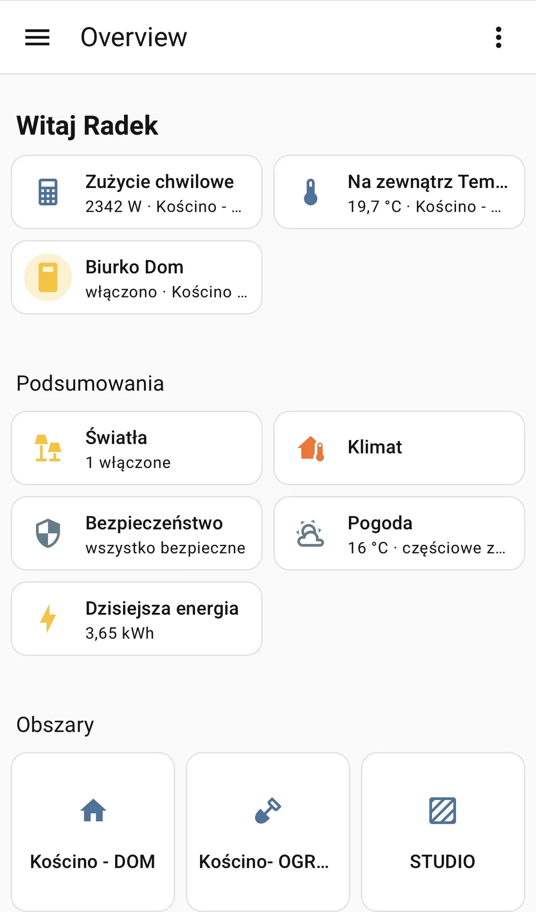 Pulpit Home Assistant w domu Steramo - energia, temperatura, oświetlenie i obszary Dom/Ogród