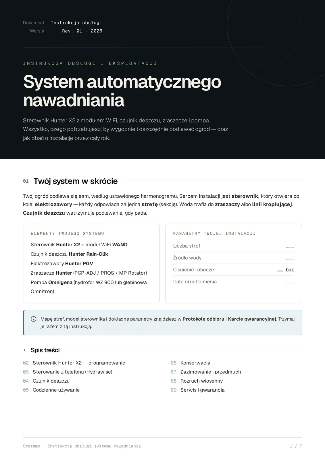 Instrukcja obsługi — dokument Steramo dla klienta nawadniania (dane klienta ukryte)