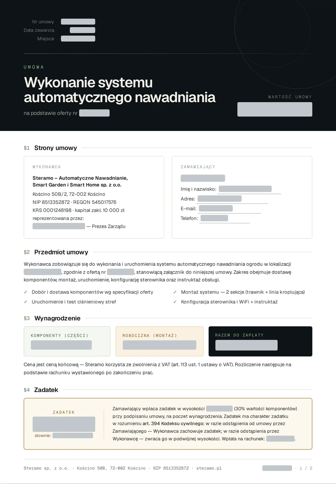 Umowa z zadatkiem — dokument Steramo dla klienta nawadniania (dane klienta ukryte)