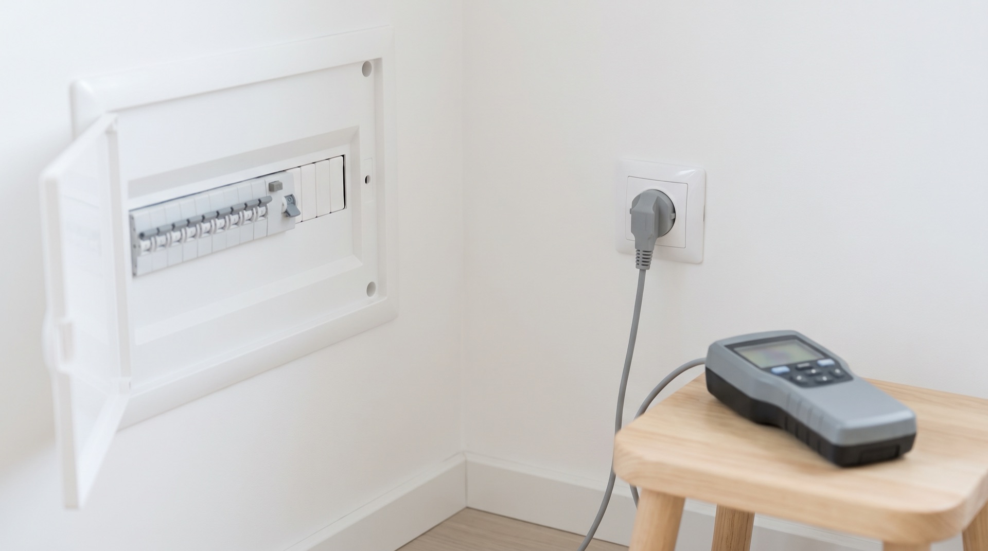 Miernik instalacji elektrycznej na taborecie, podłączony przewodem do gniazda w ścianie. Obok otwarta domowa rozdzielnica z rzędem wyłączników