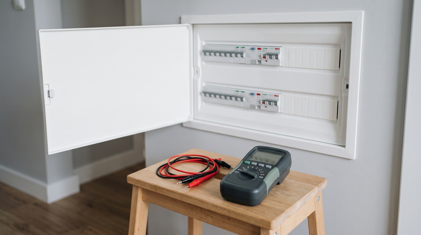 Miernik instalacji elektrycznej i przewody pomiarowe na taborecie przed otwartą domową rozdzielnicą z dwoma rzędami wyłączników