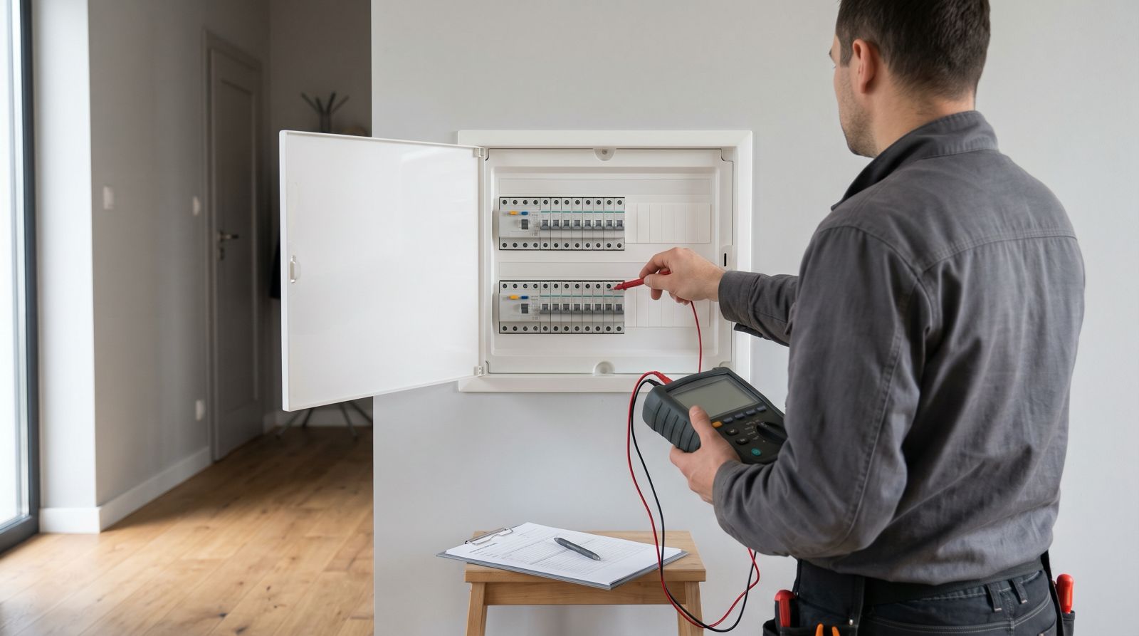 Elektryk widziany od tyłu mierzy instalację miernikiem przy otwartej domowej rozdzielnicy z wyłącznikami nadprądowymi i różnicowoprądowymi, obok protokół na podkładce