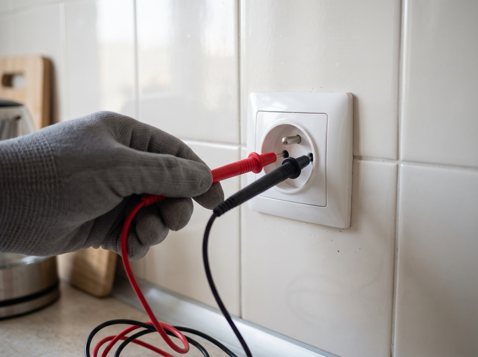Sondy miernika instalacji elektrycznej przyłożone do gniazdka w kuchni mieszkania