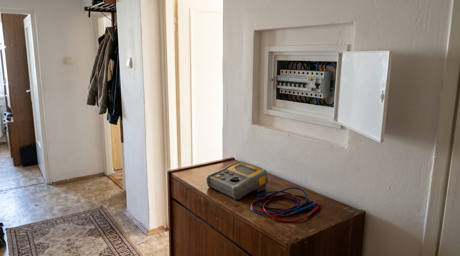 Otwarta rozdzielnica mieszkaniowa we wnęce przedpokoju w bloku, obok na komodzie miernik instalacji elektrycznej