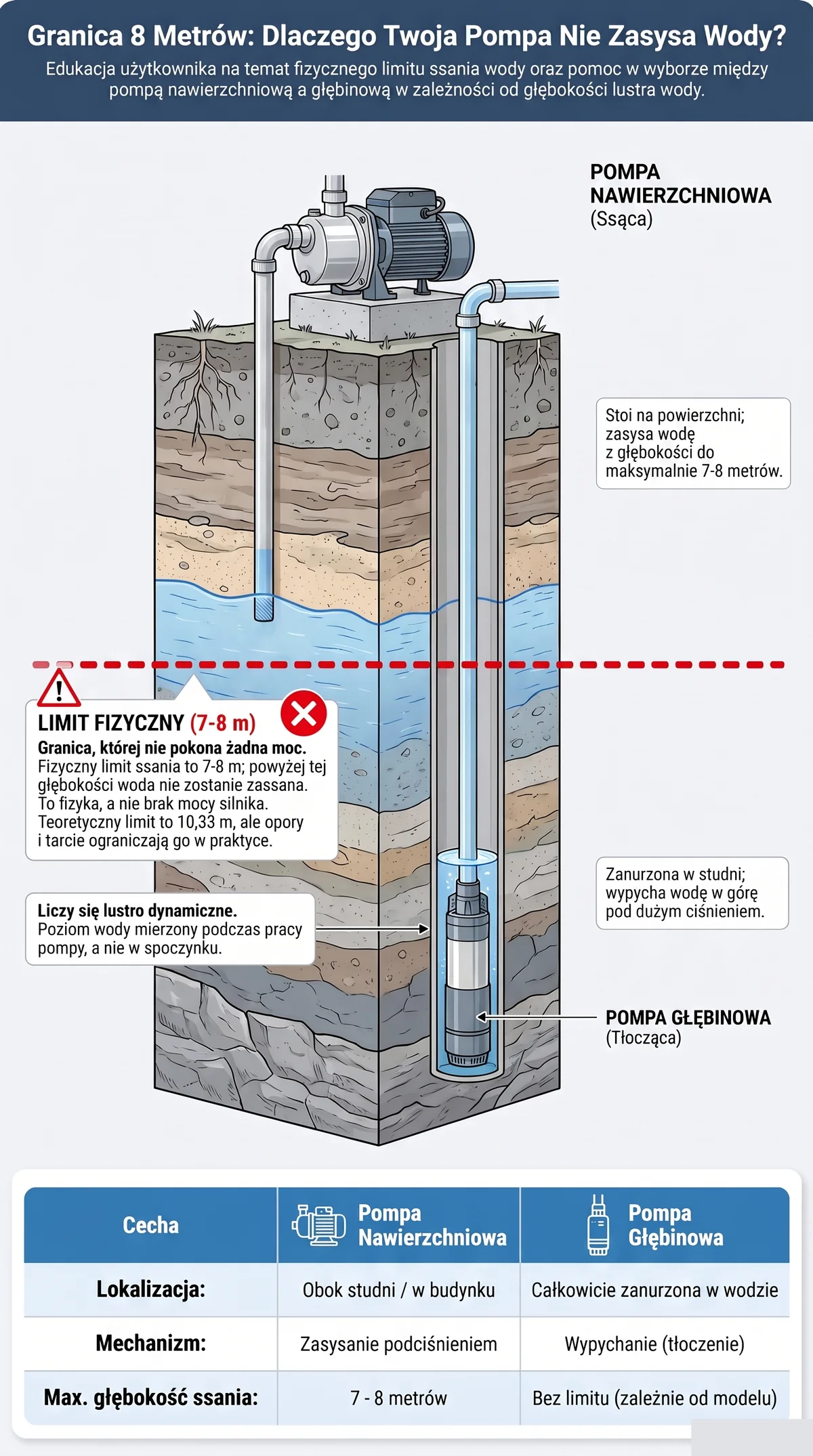 Infografika: granica ssania pomp 7-8 m. Pompa nawierzchniowa (ssąca) stoi na powierzchni i zasysa wodę do maksymalnie 7-8 m; pompa głębinowa (tłocząca) zanurzona w studni wypycha wodę w górę bez limitu głębokości. Fizyczny limit ssania to 7-8 m, teoretyczny 10,33 m. Tabela porównawcza: lokalizacja, mechanizm, maksymalna głębokość ssania.