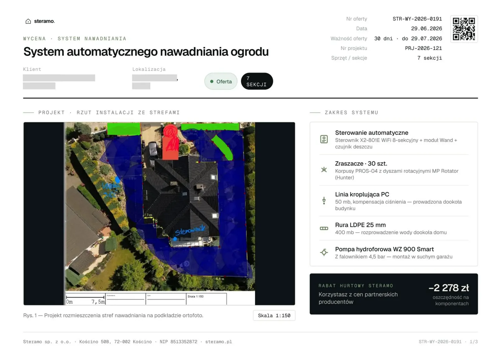 Przykładowa wycena systemu nawadniania ogrodu - projekt z drona, 7 sekcji, 30 zraszaczy Hunter MP Rotator, realizacja w gminie Dobra k. Szczecina