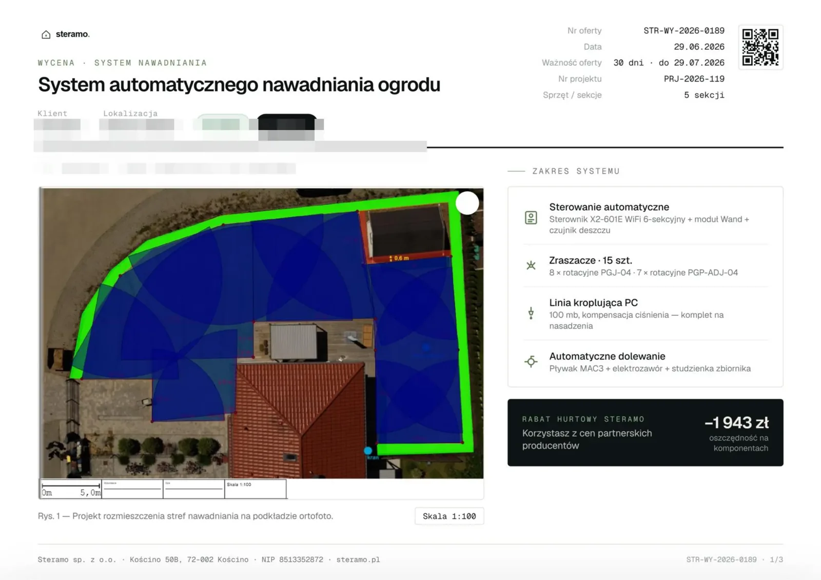 Przykładowa wycena nawadniania ogrodu - rzut instalacji ze strefami, zraszacze rotacyjne PGJ i PGP, linia kroplująca, realizacja w Kościnie