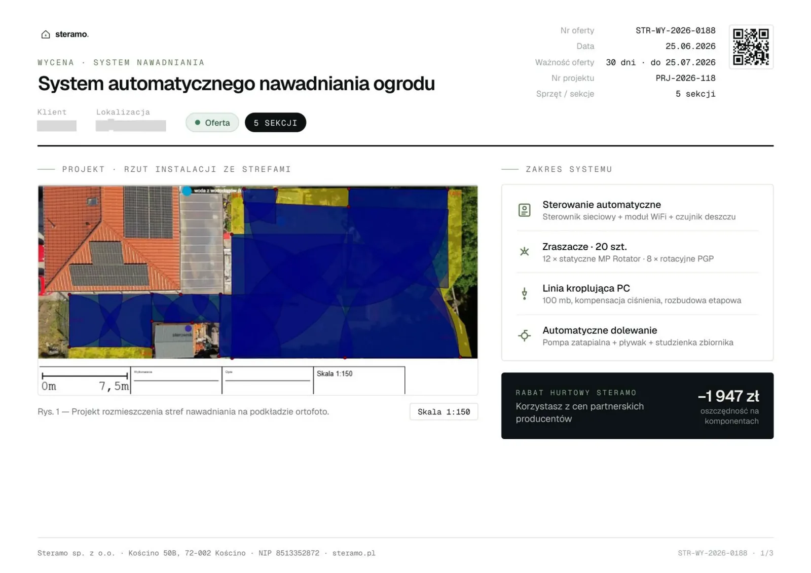 Przykładowa wycena automatycznego nawadniania ogrodu Steramo - rzut projektu z drona ze strefami, zakres systemu i rabat hurtowy, realizacja w Kościnie k. Szczecina (5 sekcji)