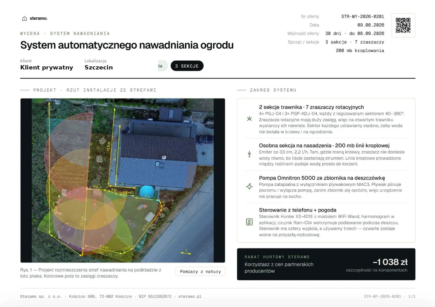 Przykładowa wycena nawadniania ogrodu ze zbiornikiem na deszczówkę - 3 sekcje, 7 zraszaczy rotacyjnych Hunter i osobna sekcja na nasadzenia