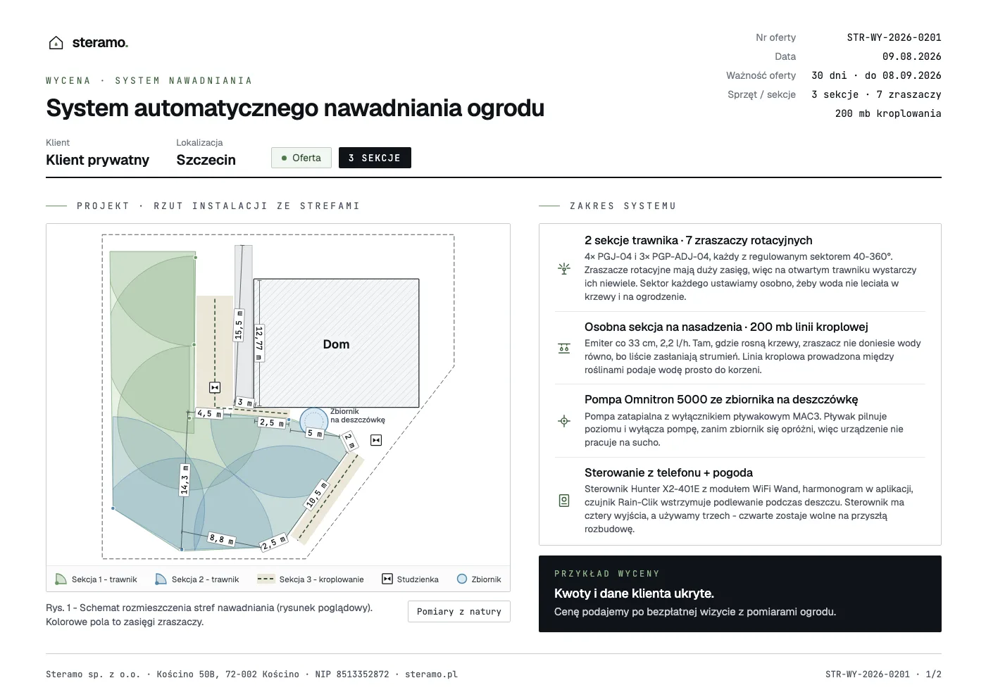 Przykładowa wycena automatycznego nawadniania ogrodu Steramo - schemat stref, 3 sekcje, 7 zraszaczy rotacyjnych Hunter, 200 mb linii kroplującej i zbiornik na deszczówkę
