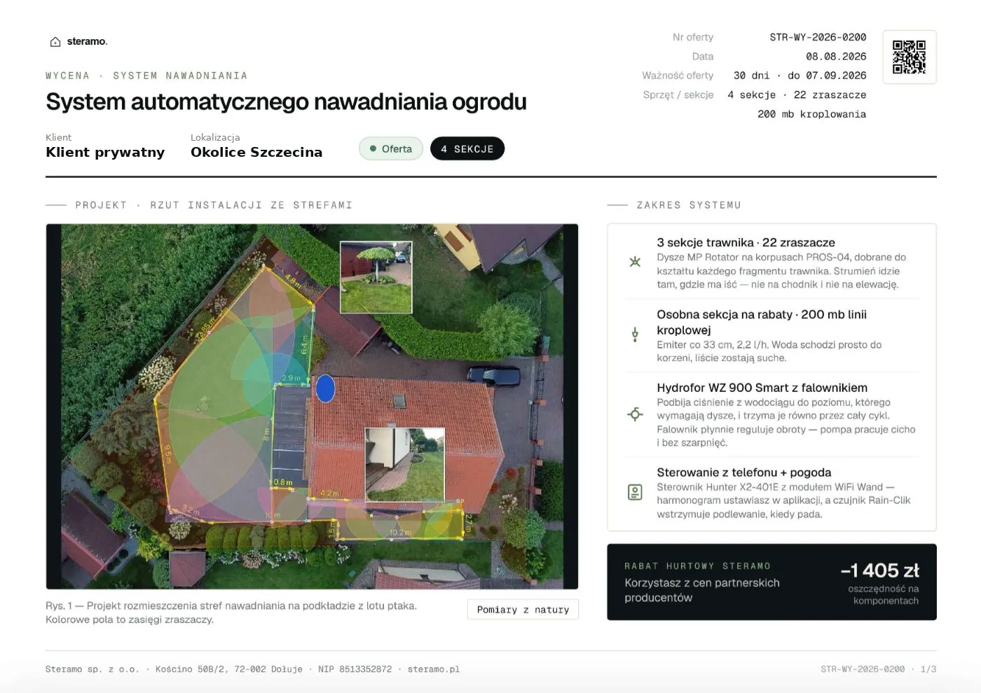 Przykładowa wycena automatycznego nawadniania ogrodu Steramo - plan stref na zdjęciu z drona, 4 sekcje, 22 zraszacze MP Rotator i 200 mb linii kroplującej