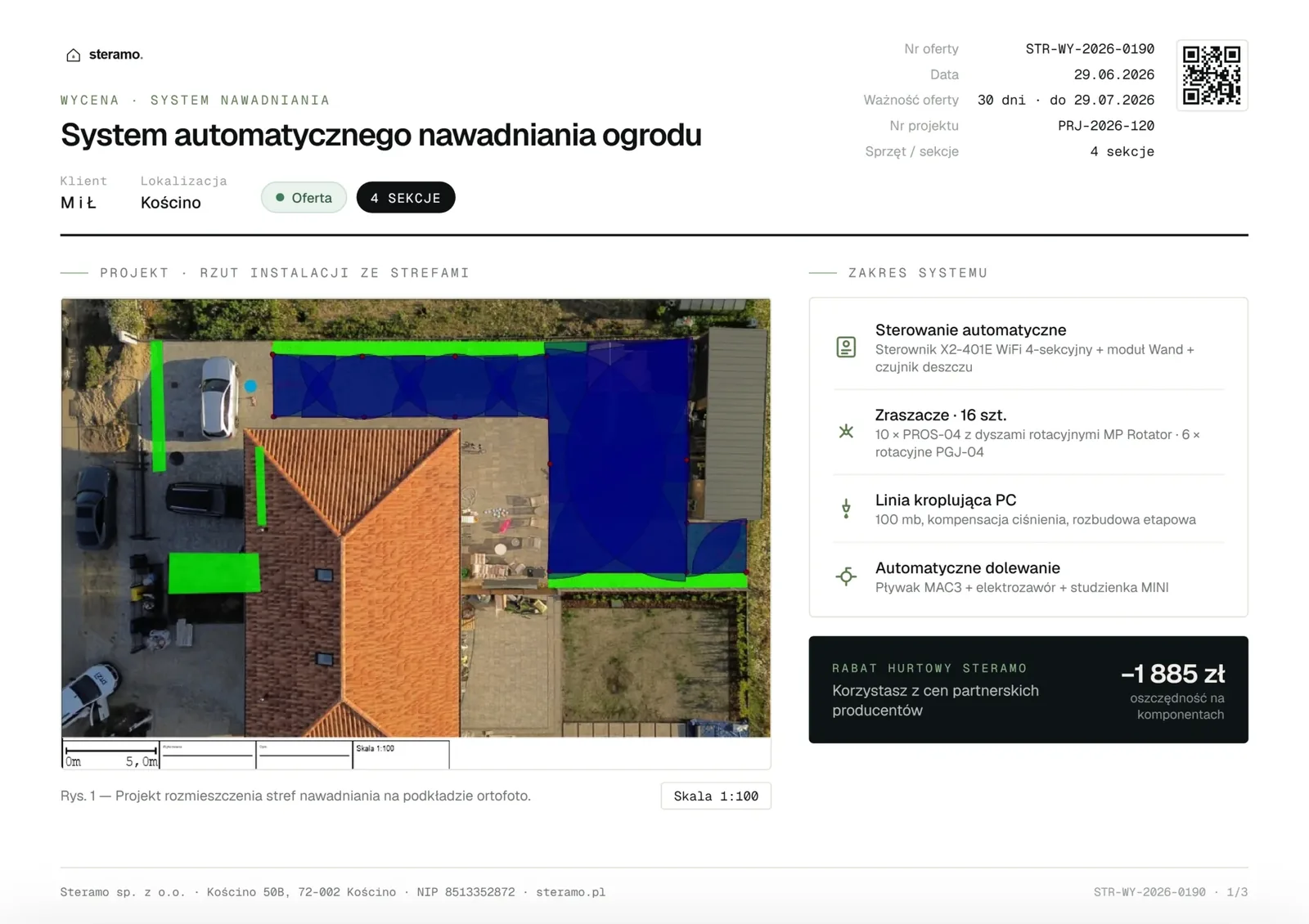 Przykładowa wycena Steramo z projektem automatycznego nawadniania ogrodu: rzut z drona ze strefami, zakres systemu i rabat hurtowy - realizacja w Kościnie k. Szczecina